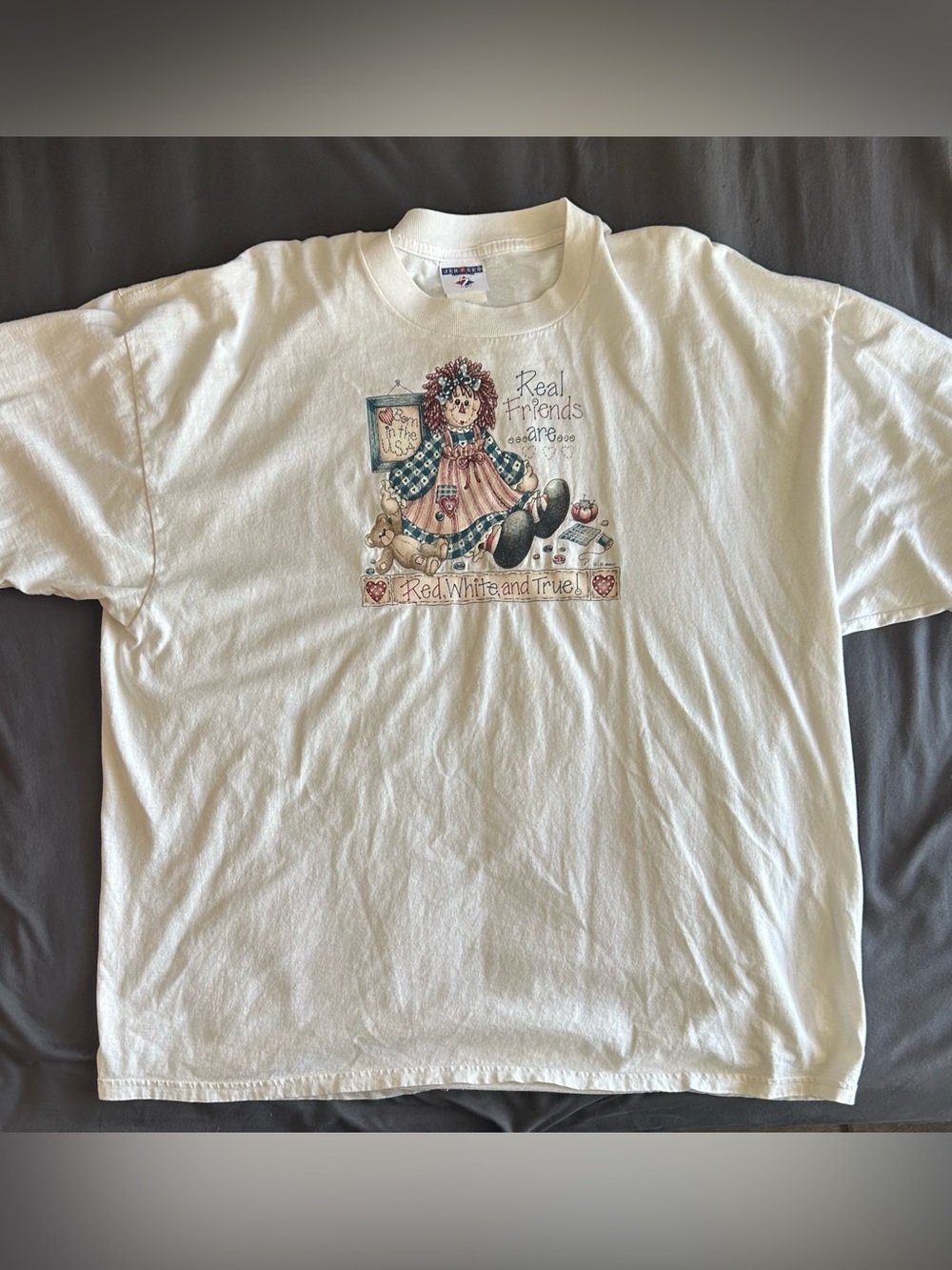 Jerzees White Tee with Rag Doll 'Red White and True' Graphic